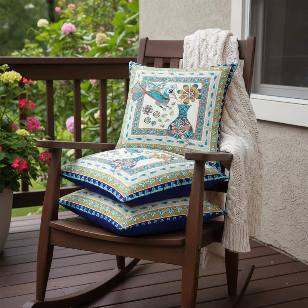 HomeRoots Set of Two 16" X 16" Blue and Gold Peacock Blown Seam Floral Indoor Outdoor Throw Pillow - 16.00' X '16.00' X '5.00