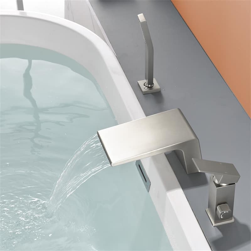 Waterfall Deck Mount Tub Faucet with Hand Shower Brass 3 Holes Modern Bathtub Filler with Valve
