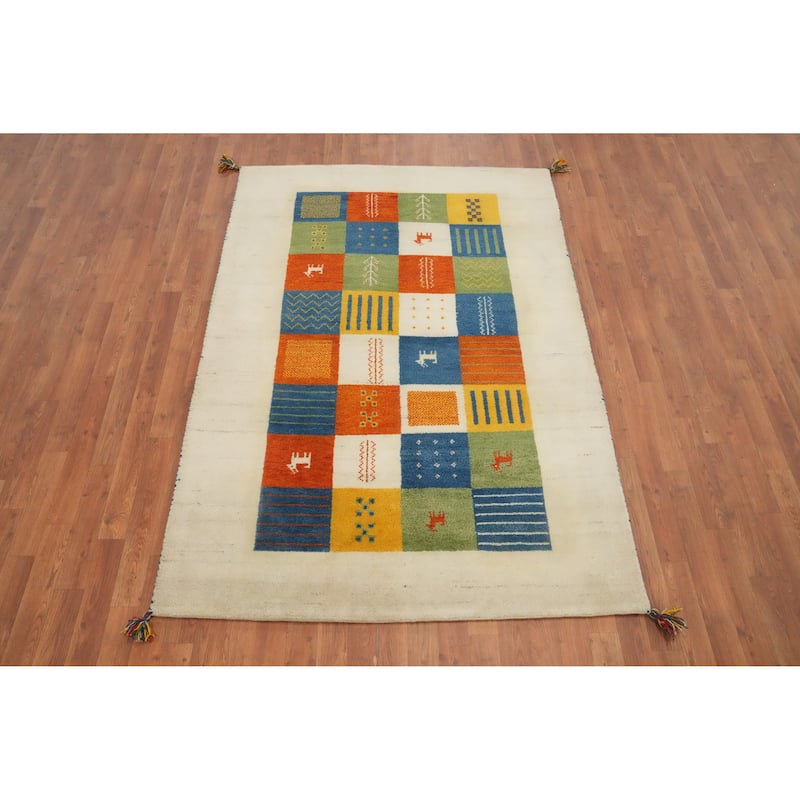Hand Knotted Oriental 100% Wool Carpet Tribal Geometric Multi-Colored Gabbeh Area Rug - 6' 6'' X 4' 7''