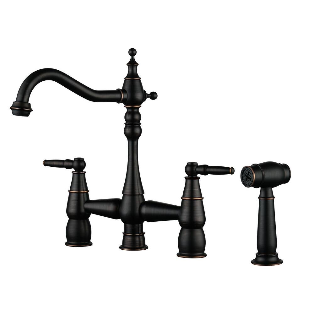 WOWOW 4 Hole Double Handle Bridge Kitchen Faucet with Side Sprayer