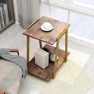 Alazyhome Wood Coffee Table with Storage Open Shelf, Gold Metal Frame
