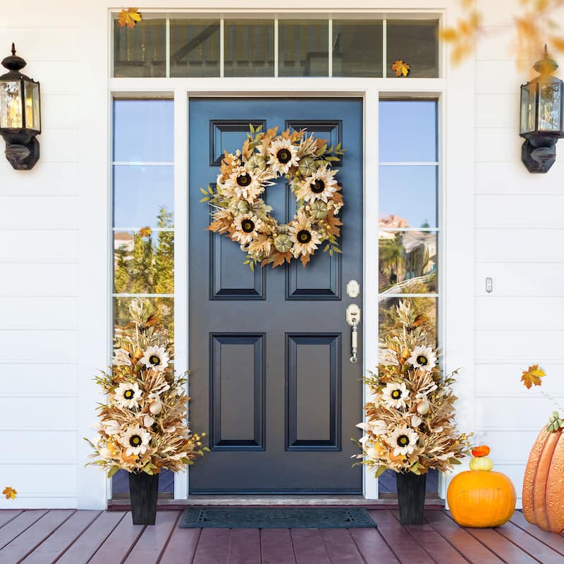 Glitzhome 3FT Fall Pumpkin Sunflower Pinecones Floral Porch Potted Tree