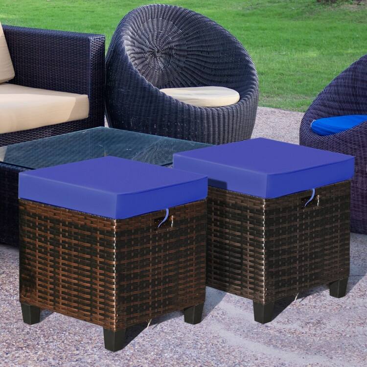 2PCS Patio Rattan Ottoman Cushioned Seat-Navy - 16" x 16" x 18" (with cushion)