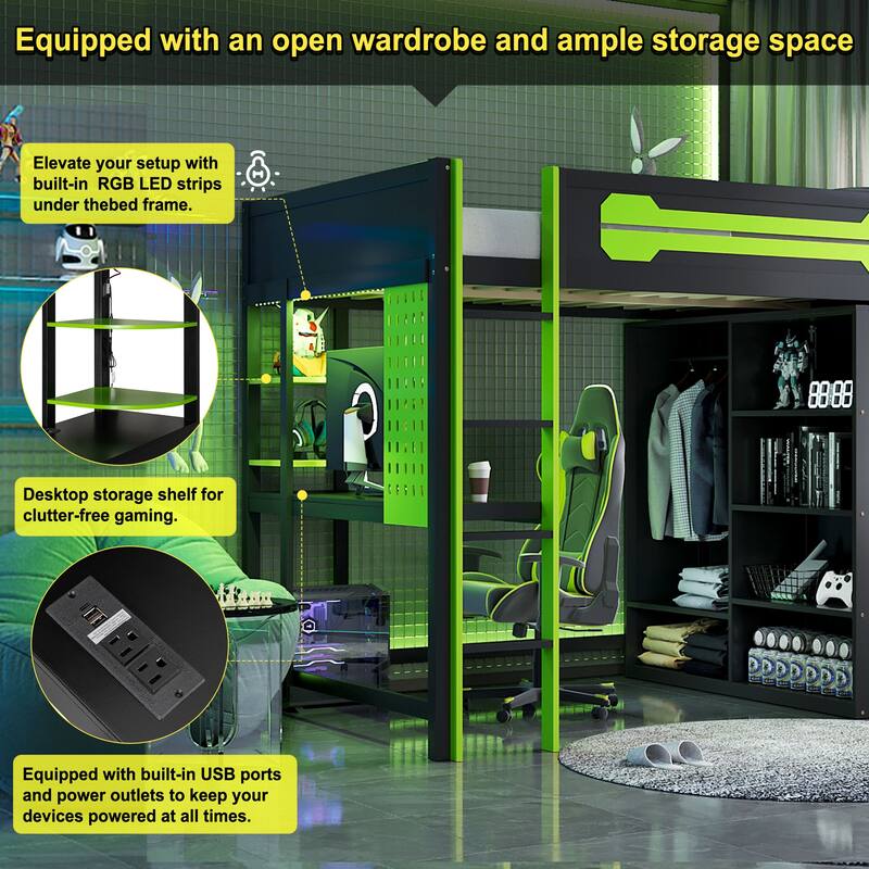 Full Size Wood Loft Bed with Desk, Open Wardrobe and Shelves, RGB LED Light, USB Ports and Power Outlets