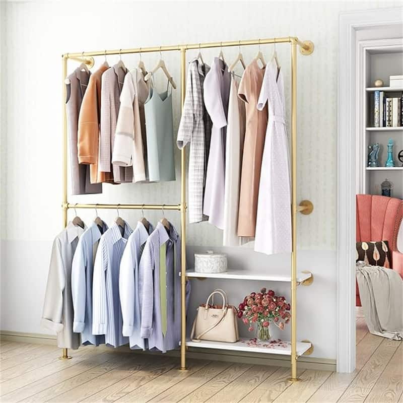 Gold Pipe Clothes Racks with White Shelves - 9.8"D x 63"W x 78.7"H