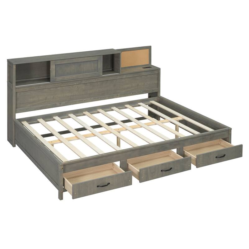 Antique Grey Daybed with Pushable Top Shelf, 3 Drawers Full Size Daybed