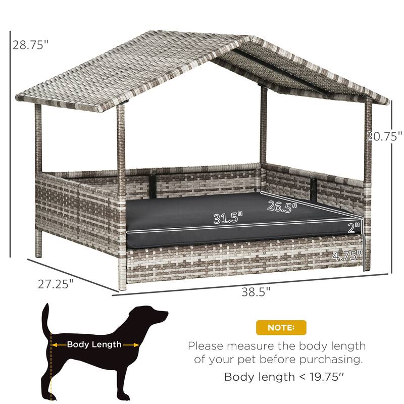 Wicker Dog House Outdoor with Canopy, Rattan Dog Bed with Water-resistant Cushion, for Small and Medium Dogs