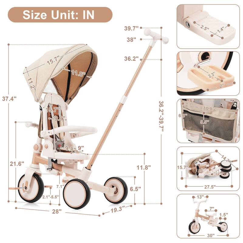 7-in-1 Baby Tricycle for Toddlers Ages 1-6, Foldable Push Trike with Parent Handle, Canopy, Guardrail & Pedals