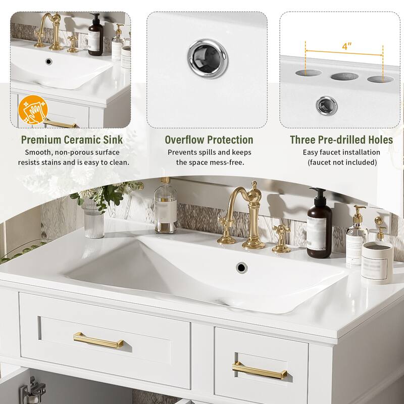 30" Bathroom Vanity with Ceramic Sink - Modern Cabinet with Soft-Close Doors, Deep Drawer & Standard Drawer