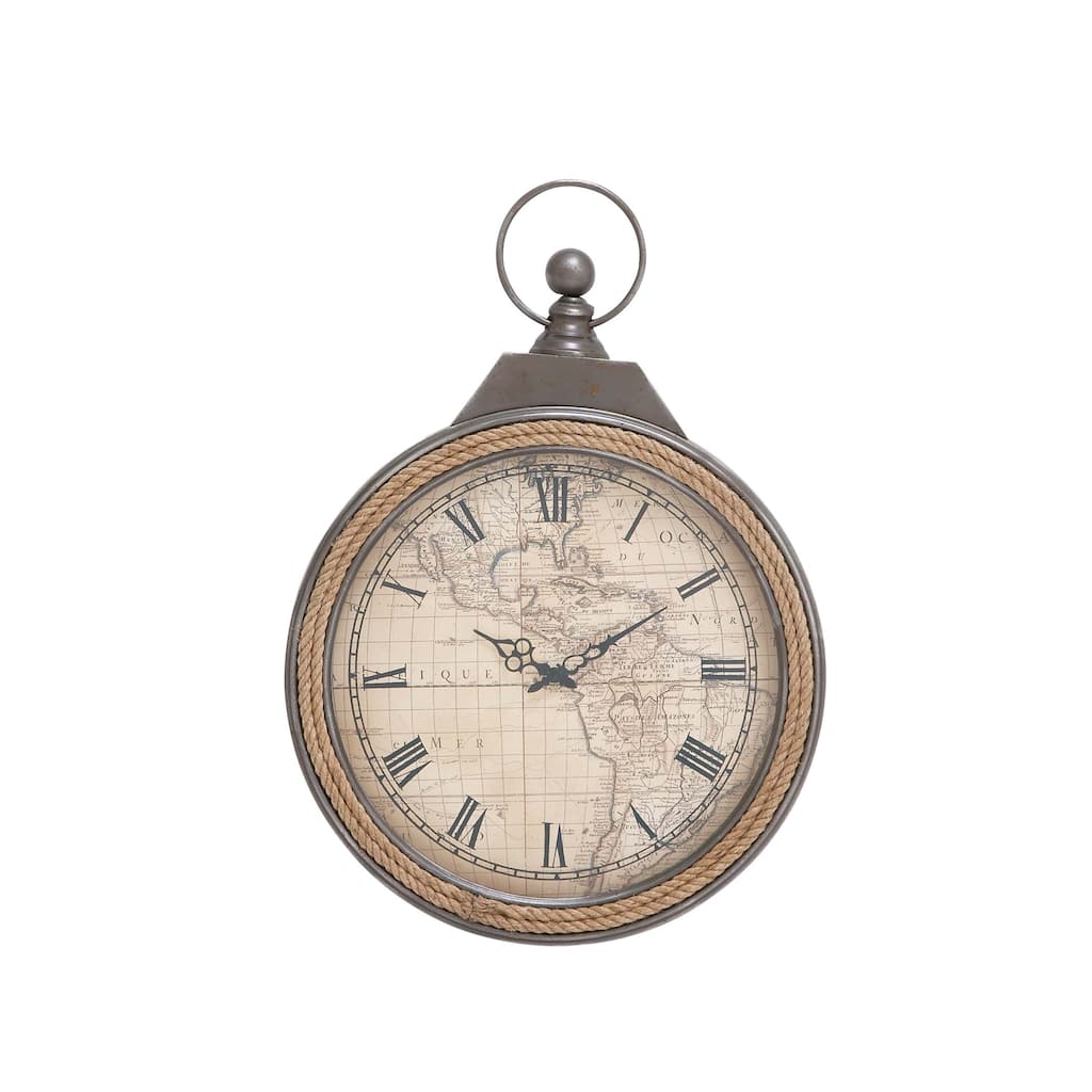 Metal Pocket Watch Style Wall Clock with Rope Accent - Brown - Roche River Decor - 2"W x 21"L x 30"H