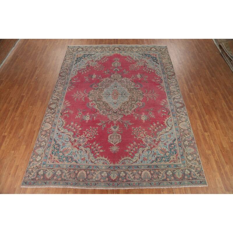 Pink Medallion Tabriz Persian Area Rug Hand-Knotted Wool Carpet - 9'0"x 12'7"