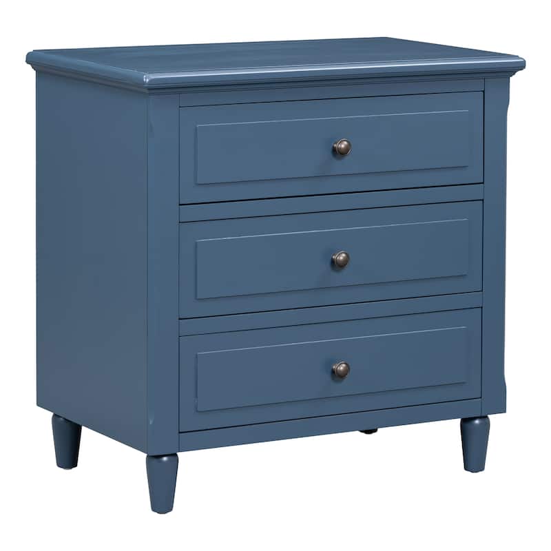 Fully Assembled 3-Drawer Nightstand, MDF & Pine Wood with Rubberwood Legs, Metal Ball Slide Glides