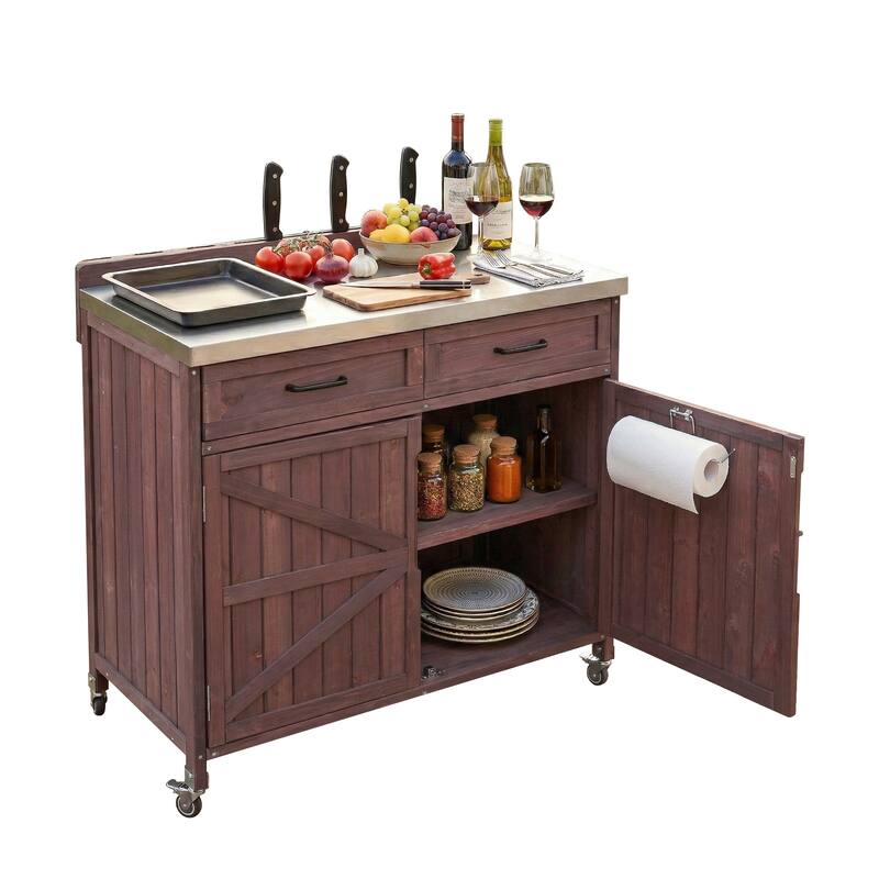 39.4" Outdoor Kitchen Island with Stainless Table Top, with One Large Drawer, Internal Storage Racks & 4 Wheels