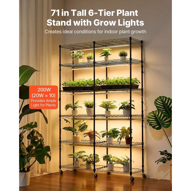 Black Metal 6-Tier Double-Row Plant Stand with 10 Warm LED Grow Lights and Timer - 47.24 x 13.78 x 70.87 in
