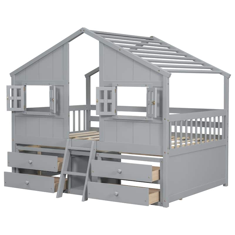 Full Size House Loft Bed with Roof, Windows, 4 Drawers, Safety Guardrails, Ladder, Grey