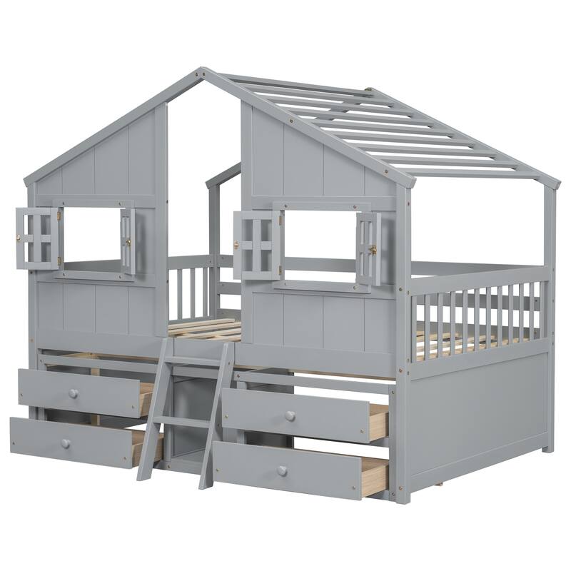 Full Size House-shaped Loft Bed with House Roof Frame Skylight Windows 4 Storage Drawers Guardrails and Stairs for Kids' Room