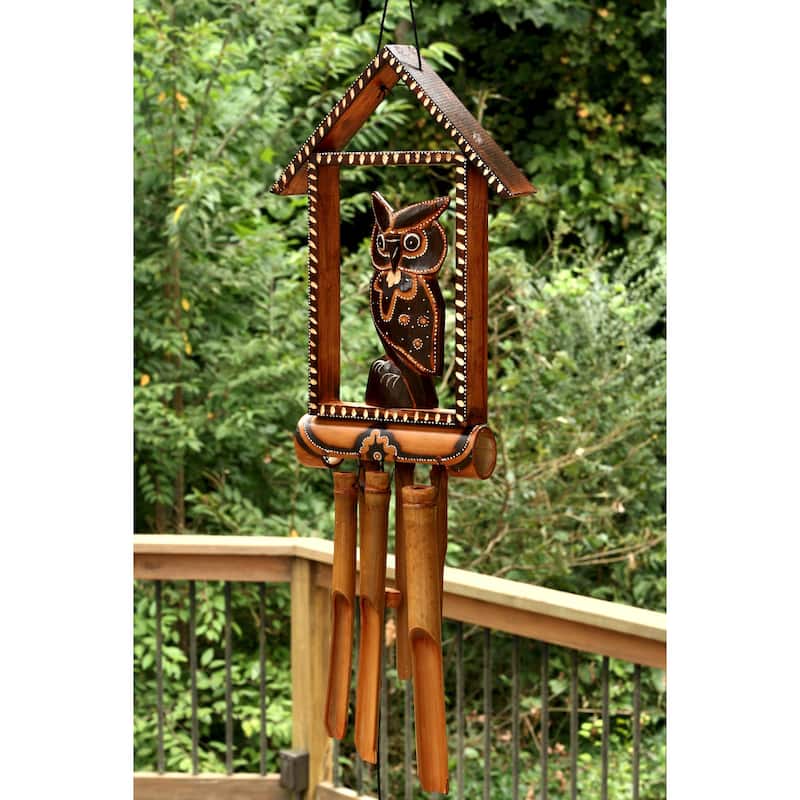 Handmade Wooden Owl House Bamboo Wind Chime Wood Statue Figurine Hoot Sculpture Decorative Rustic Patio Garden Outdoor Decor