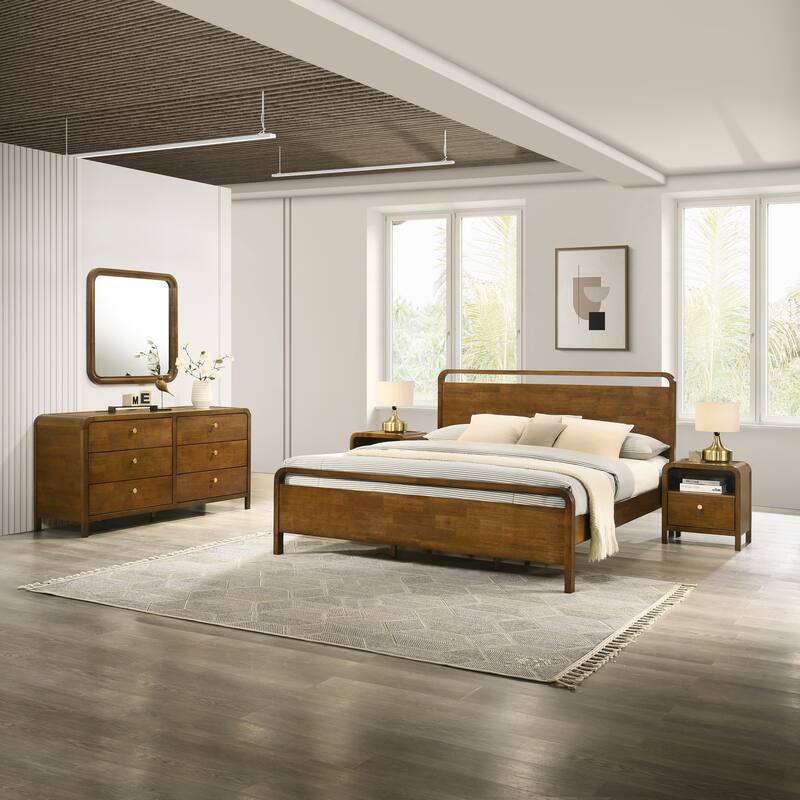 Roundhill Furniture Eldren Wood Bedroom Set, Platform Bed with Dresser, Mirror, and Two Nightstands in Walnut Finish - Queen