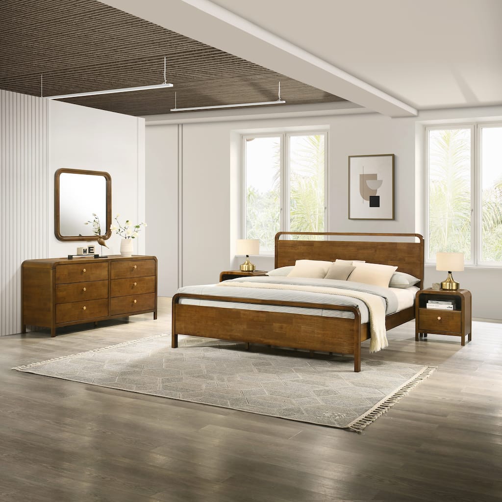 Roundhill Furniture Eldren Wood Bedroom Set, Platform Bed with Dresser, Mirror, and Two Nightstands in Walnut Finish