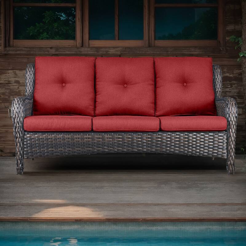 Pocassy Patio Outdoor 3-Seat Sofa with Cushion - Brown - Red