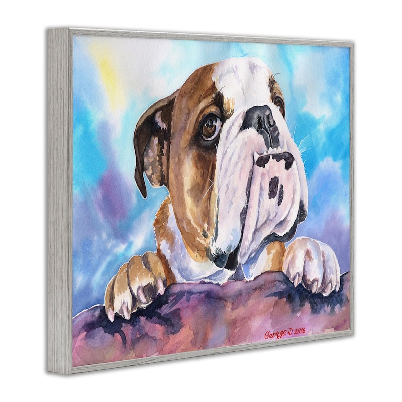 Stupell English Bulldog Dog Pet Animal Watercolor Painting Grey Framed, 16 x 20, Design By Artist George Dyachenko - 16 x 20