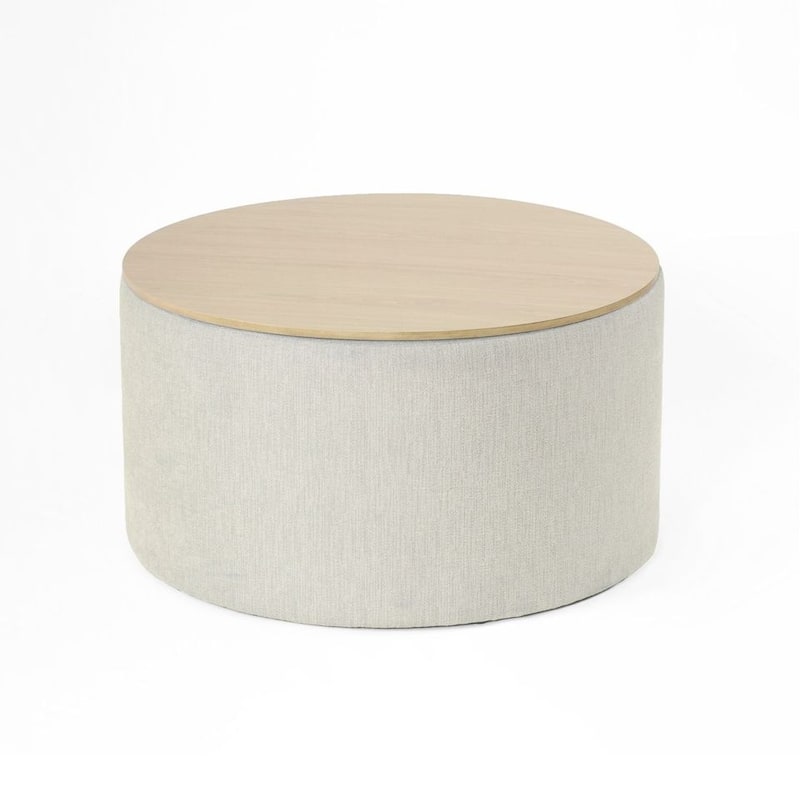 HomePop Round Storage Ottoman table with Wood Top - Light Gray with Natural Top