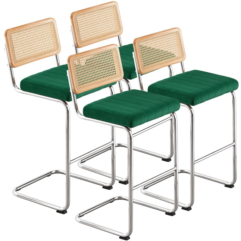 Velvet Upholstered Rattan Counter/Bar Stools, Set of 2/3 - Set of 4 - 30"Dark Green