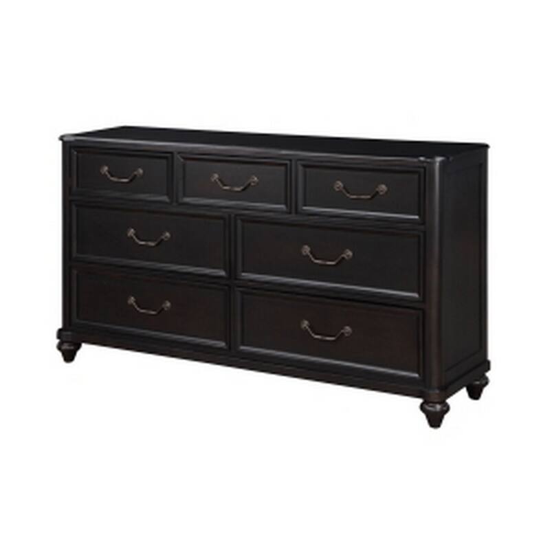 Vix 64 Inch Wide Dresser, 7 Molded Trim Drawers, Pewter Drop Handles, Black