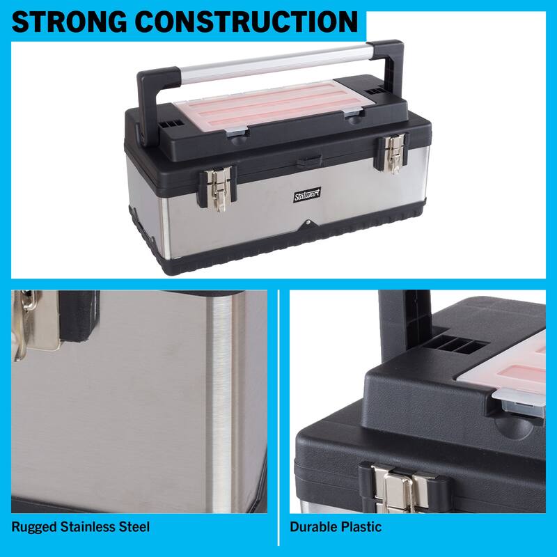 Tool Box with 18 Bins and Removable Tray - Portable Metal and Plastic Tool Tote with Ergonomic Handle by Stalwart