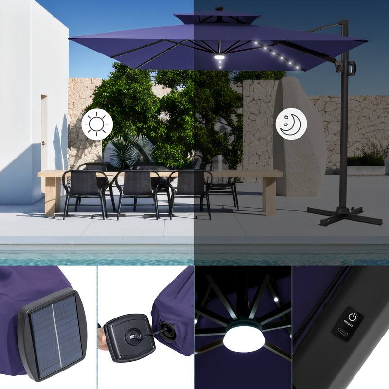 VredHom 9 x 11ft Outdoor Rectangular Dual Top Cantilever Patio Umbrella LED Light with Wheel Base