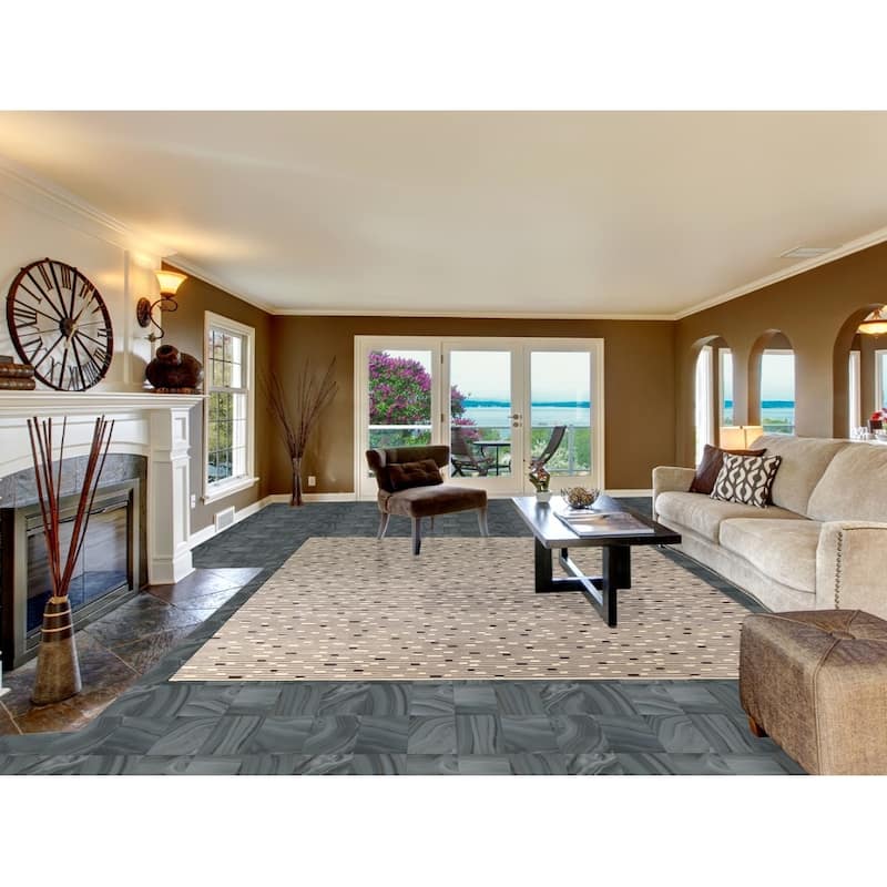 Striped Beige Nepalese Indian Area Rug Hand-Knotted Wool Carpet - 9'0" x 11'8"