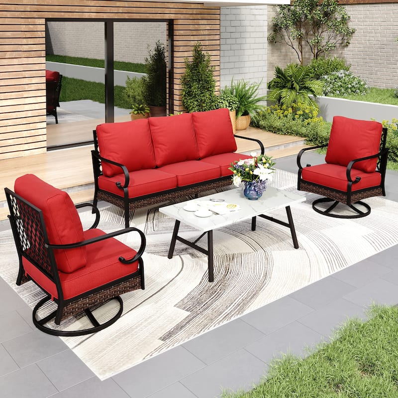 MAISON ARTS 5-Seat Outdoor Patio Furniture Sets, 2 x Cushioned Chairs, 1 x 3-Seat Sofa with Marbling Coffee Table - Set 3(Swivel Chairs) - Red