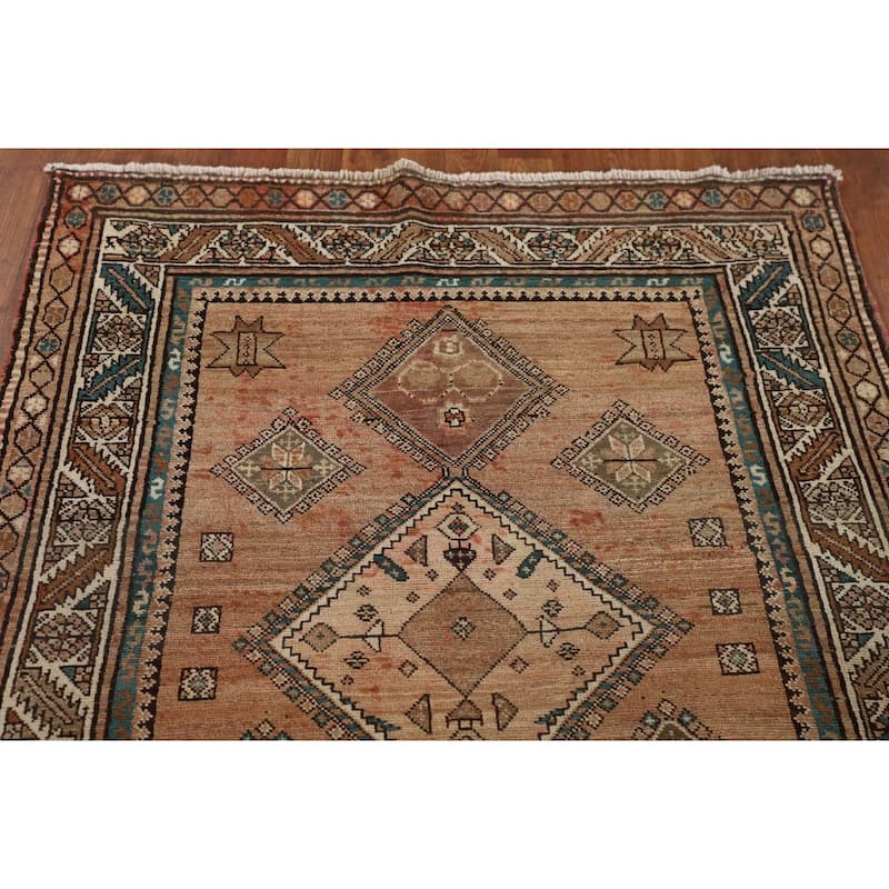 Geometric Heriz Persian Vintage Runner Rug Handmade Wool Carpet - 3'9"x 13'1"