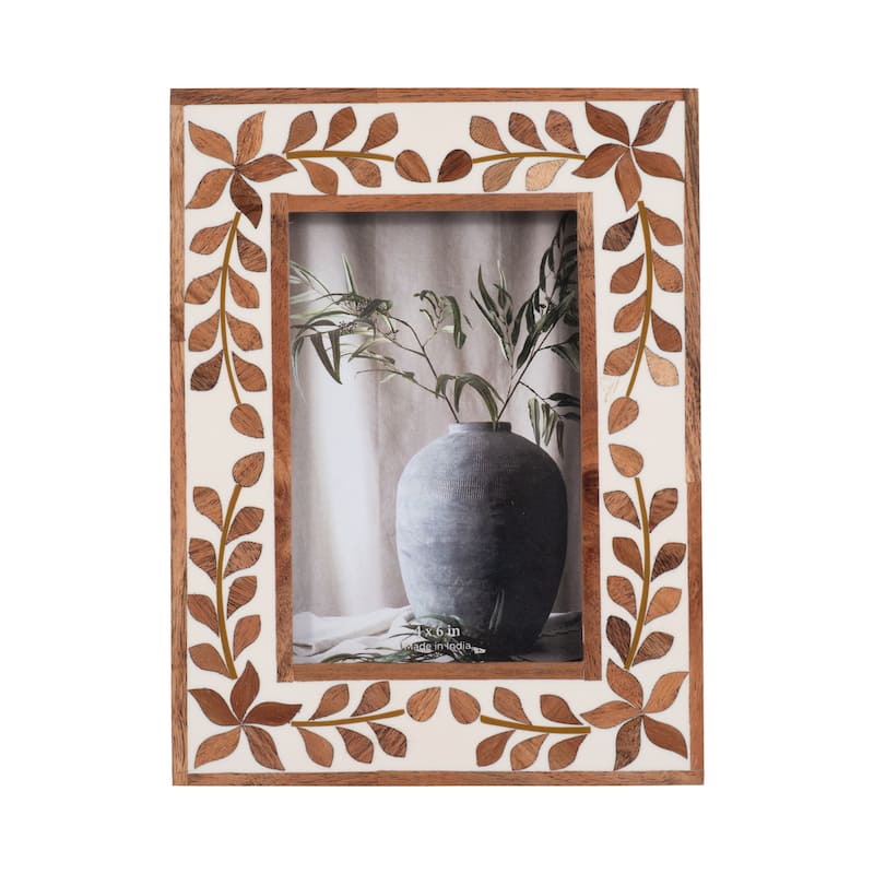 Sagebrook Home Wood Inlay Vine Photo Frame, Natural, Rectangle - 7" x 1" x 9"