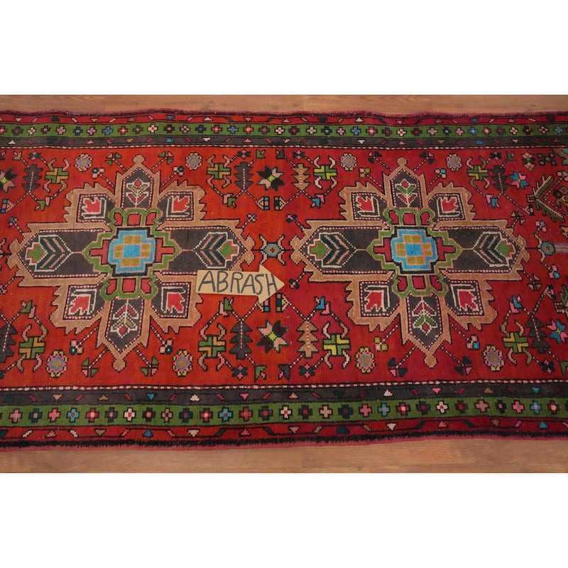 Hand Knotted Oriental 100% Wool Carpet Traditional Geometric Oranges & Rust Heriz Runner Rug - 9' 8'' X 3' 2''