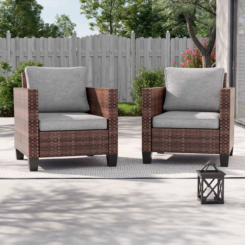 BONOSUKI 2Pcs Patio Single Sofa Set Brown Rattan Outdoor Furniture Set - Linen Grey