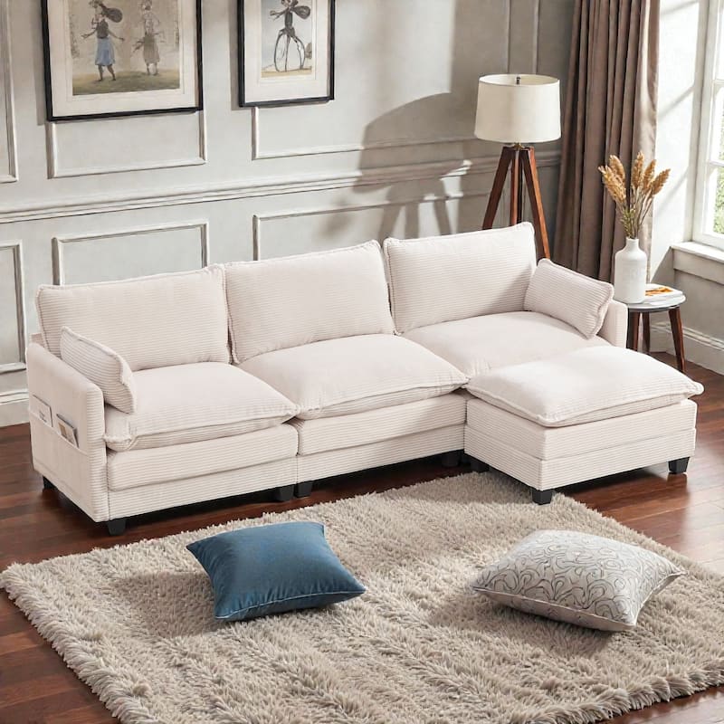 Oversized Modular Sectional Sofa with Ottoman, 102 Inch 4 Seat Corduroy L Shaped Couch for Living Room - Beige