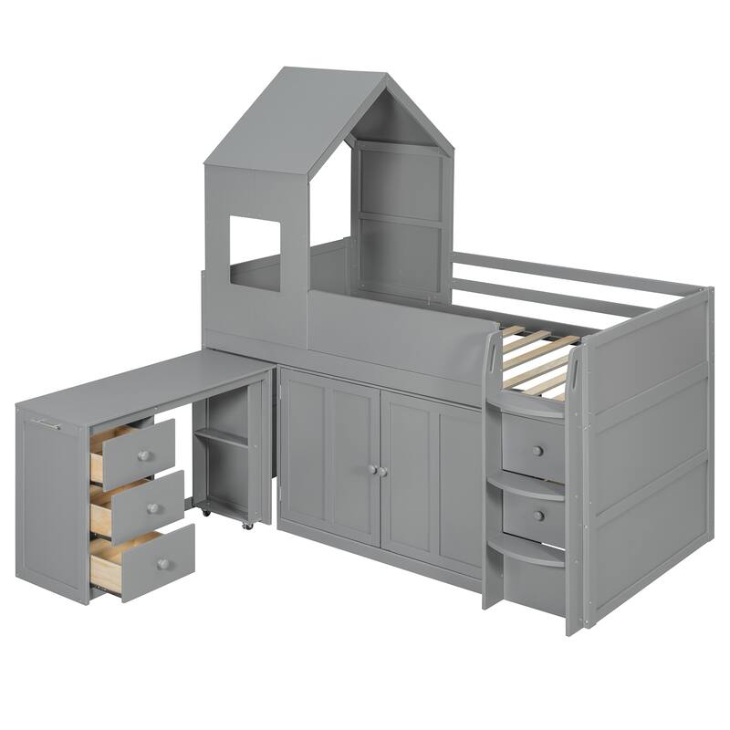 Twin Wood Loft Bed with Desk, Drawers & Cabinets, Space-Saving Design