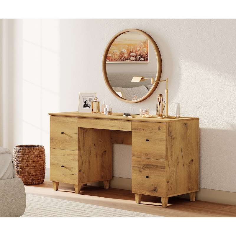 58" Wooden Vanity Desk with 4 Deep Storage Drawers and Charging Station for Bedroom