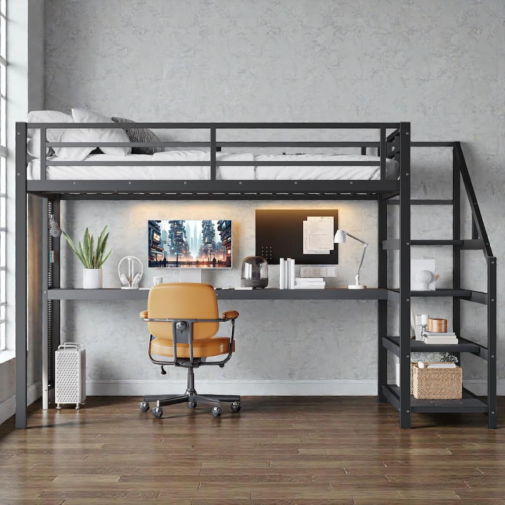 Queen Metal Loft Bed with Desk and Storage Stairs, LED Lights, USB Ports, Noise-Free Design
