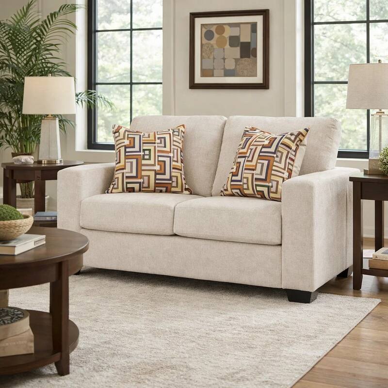Avie Loveseat, 2 Accent Pillows, White Ivory Polyester, 62 Inch