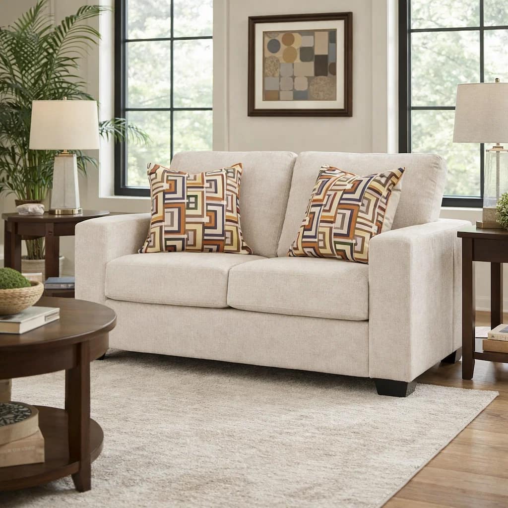 Avie Loveseat, 2 Accent Pillows, White Ivory Polyester, 62 Inch