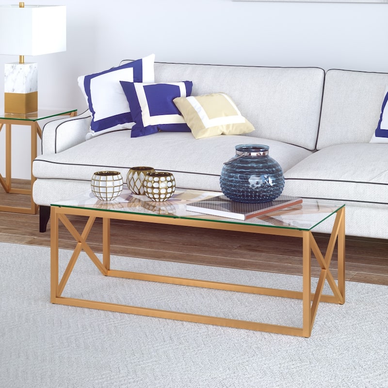 46-Inch Gold Glass Coffee Table with Base for Living Room or Office - 46” x 20” x 17”