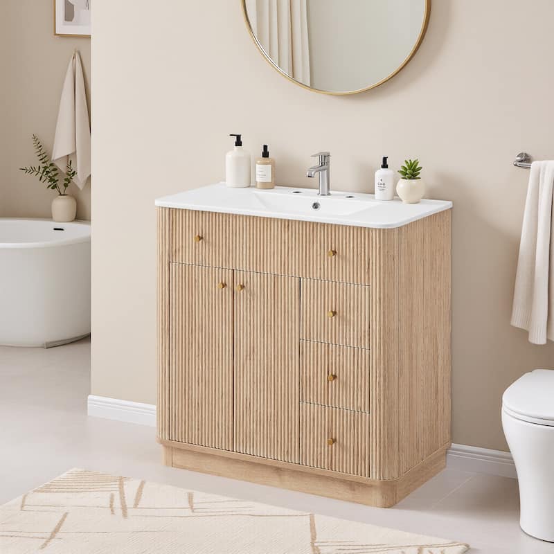 36" Modern Fluted Bathroom Vanity with Sink, Washstand for Kitchen - Oak