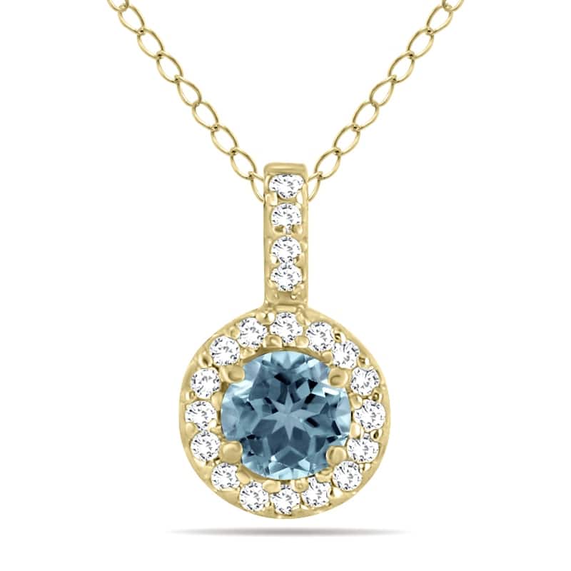 Marquee 1/2 Carat TW Halo Aquamarine And Diamond Pendant in 10K Yellow Gold