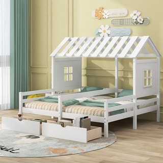 Merax 2 Shared Beds Twin Size House Platform Beds with Two Drawers - On ...