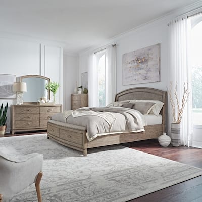 Avalon Burnished Beige Oak Panel Storage Bed with Dresser, Mirror, Chest Bedroom Set - King, Queen