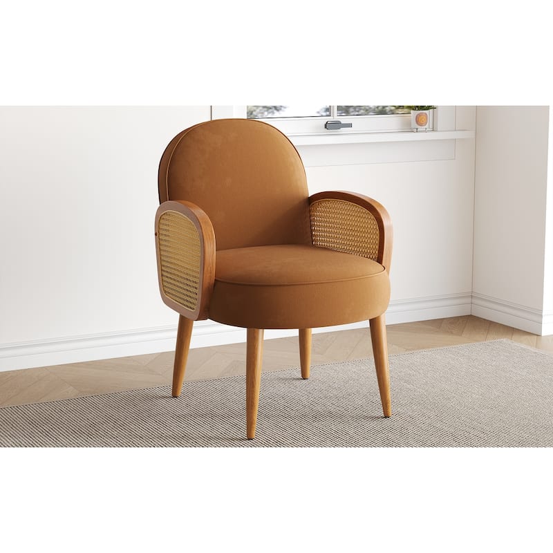 Velvet Accent Chair with Rattan Armrests