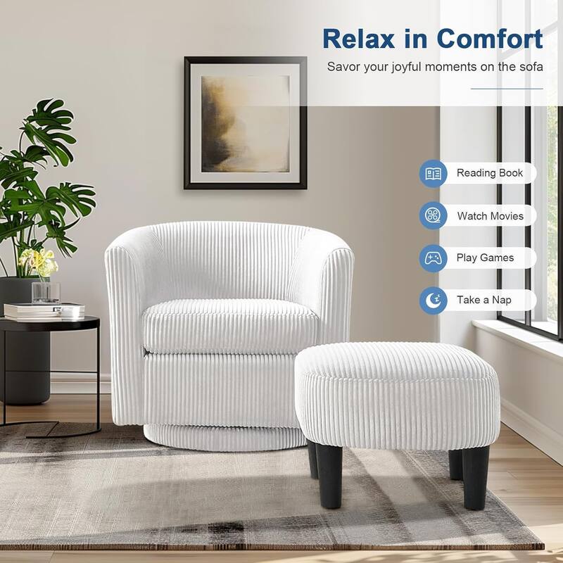 360° Swivel Accent Chair with Ottoman, Barrel Chair with Upholstered