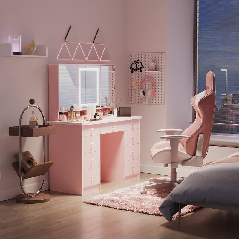 9-Drawer Vanity Set with Crystal Pulls and Versatile Mirror Lighting